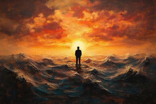 Silhouette of a person standing alone on turbulent ocean waves under a dramatic orange sunset sky evoking solitude and contemplation - Powered by Adobe