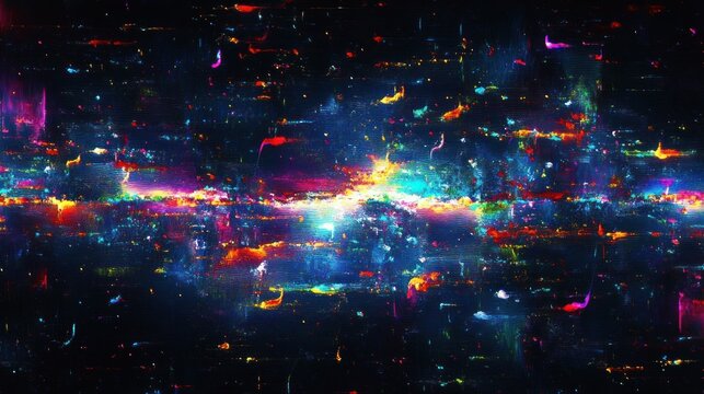 Abstract digital depiction of a colorful cosmic or galactic scene with bright neon lights and scattered glowing particles against a dark background, evoking mystery and wonder