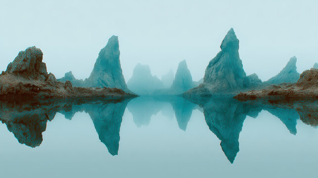 Tranquil serene futuristic landscape with mysterious ice mountain. Calm water provides perfect reflection for this abstract blue background