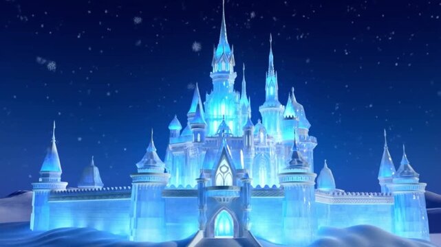 Enchanted ice castle glowing with ethereal blue light under a starry night with falling snowflakes, concept of fairy tale palace winter magic