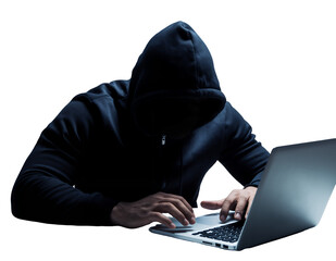 Anonymous figure in hoodie typing on a laptop in the dark, concept for cybersecurity on white and transparent background, online fraud and identity theft