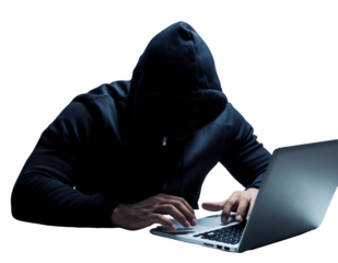 Anonymous figure in hoodie typing on a laptop in the dark, concept for cybersecurity on white and transparent background, online fraud and identity theft