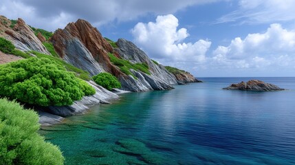 Dramatic Coastal Cliffs With Lush Greenery Meeting The Crystal Clear Turquoise Ocean Under A Bright Blue Sky With Wispy Clouds On A Sunny Day