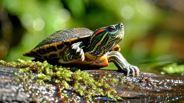 Close-up of a vibrant painted turtle basking on a mossy log in a natural aquatic environment.