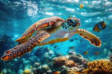 Obraz premium Close-up of a vibrant sea turtle swimming underwater surrounded by colorful fish and coral reef in clear blue ocean waters
