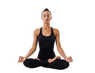 Young serene woman meditating in lotus pose against black background with closed eyes on white and transparent background, concept for relaxation practice, mindfulness exercise and stress relief