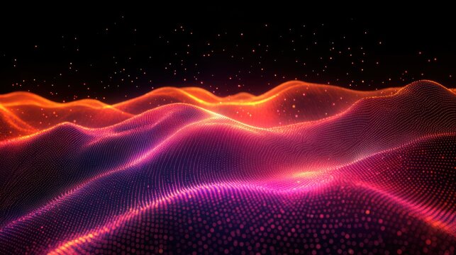 Abstract digital landscape with flowing wave-like patterns in glowing vibrant orange and magenta dots on a black background conveying a futuristic and dynamic atmosphere - Powered by Adobe