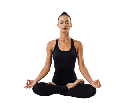 Young serene woman meditating in lotus pose against black background with closed eyes on white and transparent background, concept for relaxation practice, mindfulness exercise and stress relief - Powered by Adobe