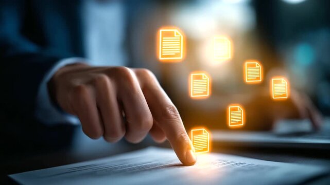A professional manages electronic documents on a digital interface hyper realistic document icons with vivid details moody shadows on a screen bright saturation in approval