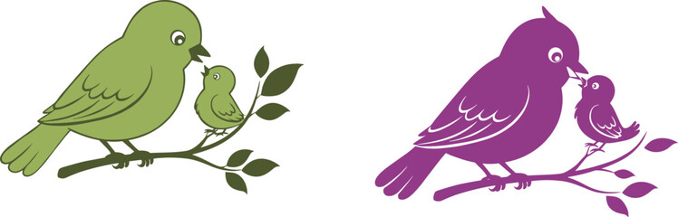 Mother and baby birds sitting on tree branches, cute animal illustration, nature family love, spring wildlife, parenting concept art