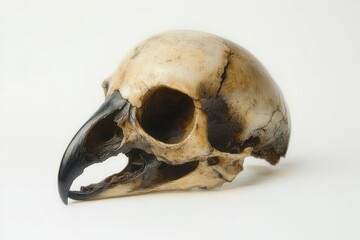 Close-up of a bird skull with prominent large curved beak and hollow eye sockets on a white background