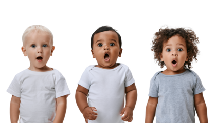 Three diverse babies looking surprised with open mouths against a white and transparent background, concept for early childhood development, pediatric healthcare and baby products advertisement