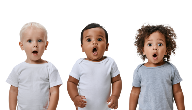 Three diverse babies looking surprised with open mouths against a white and transparent background, concept for early childhood development, pediatric healthcare and baby products advertisement