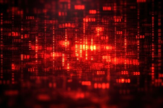 Close-up of glowing red binary code and digital data streams creating a futuristic and intense technology visualization - Powered by Adobe