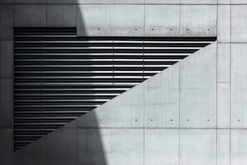 Fototapeta premium Minimalist architectural detail featuring diagonal sunlight on a concrete wall with a large rectangular black metal vent