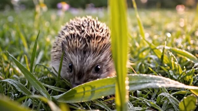 Small hedgehog exploring grass in natural outdoor environment.
