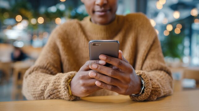 A young Black woman in a cozy sweater focuses on her smartphone in a warmly lit café, surrounded by a relaxed atmosphere.