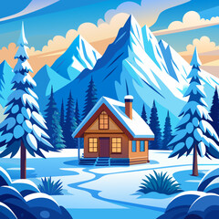 Winter Cabin in Snowy Landscape