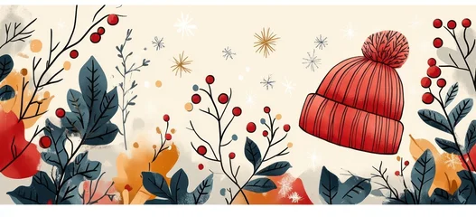 Stickers Meisjeskamer Festive illustration with a red winter hat surrounded by blue leaves, red berries, golden and red autumn leaves, and snowflakes on a light background  © Mariya