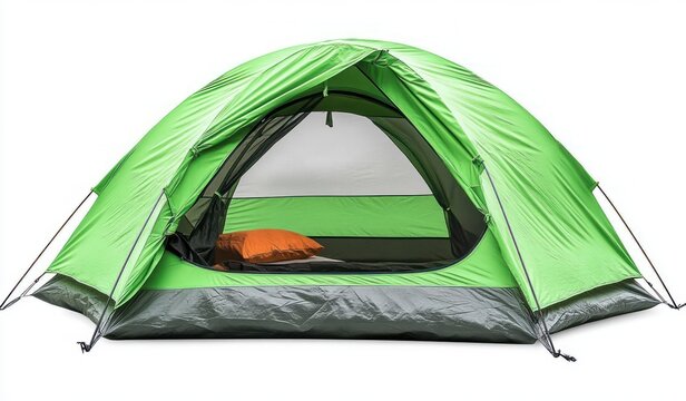 Bright green dome-shaped camping tent with mesh window and open door showing an orange pillow inside on a white background