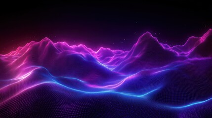 Abstract digital landscape with glowing neon grid waves forming mountainous shapes in vibrant pink, purple, and blue hues under a dark starry sky