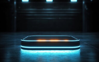 Futuristic glowing rectangular platform with blue and orange neon lights in a dark industrial setting emitting an advanced technological atmosphere