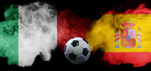Collage template. Italy vs Spain football match with smoke flags and soccer ball in center. Concept...
