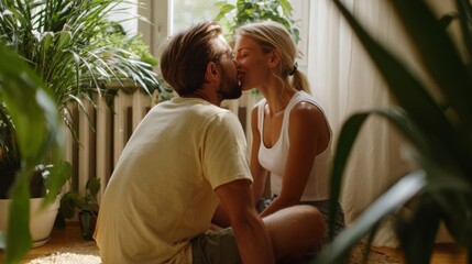 Fototapeta premium A young couple sharing a tender kiss in a sunlit room filled with lush greenery.