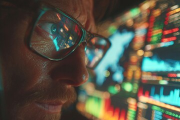 Night shift guardian: protecting digital frontiers in darkness. Business intelligence. Subtle shadows: a night specialist's quiet cyber work. Intelligent screens. Glowing dashboards.