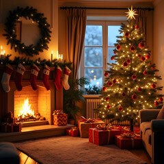 A cozy living room ready for Christmas. Warm light highlights a decorated tree, stockings on the mantle, and wrapped gifts.