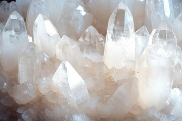 Close-up view of translucent white quartz crystals with sharp, pointed terminations clustered together