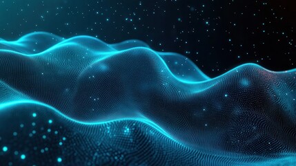 Glowing blue digital waveforms composed of fine particles floating in a dark space with scattered light points creating a futuristic and abstract atmosphere