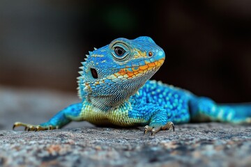 Fototapeta premium Close-up of a bright blue and orange lizard resting on a textured surface with detailed scales and a focused expression