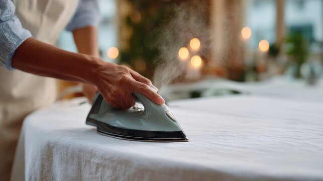 A close-up of a hand ironing a white tablecloth, creating a smooth, elegant appearance with steam rising.