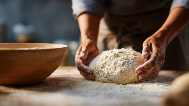 Close-up of hands shaping dough on floured wooden surface with wooden bowl in rustic kitchen setting