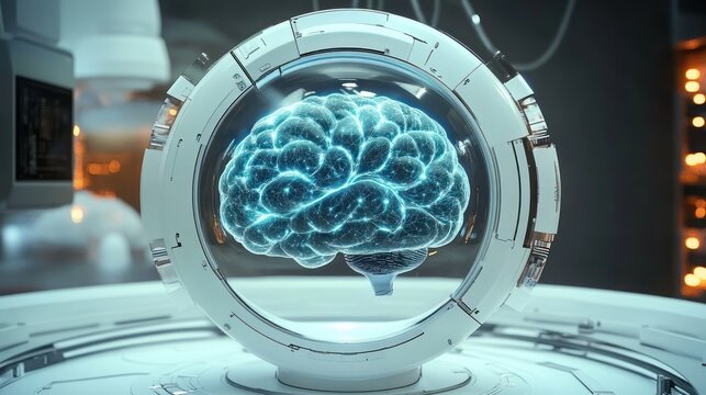 Futuristic glowing brain hologram displayed inside a high-tech transparent sphere with mechanical and digital elements surrounding it in a modern laboratory setting