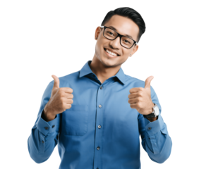 Smiling asian manager giving thumbs up in blue shirt against white and transparent background, concept for business success, positive feedback and approval