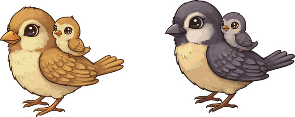 Cute cartoon mother and baby birds illustration, adorable animal family, wildlife art, parent bird carrying chick, nature and love design