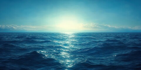 Vast ocean under a clear blue sky with sun shining on the water and clouds on the horizon conveying calmness and serenity