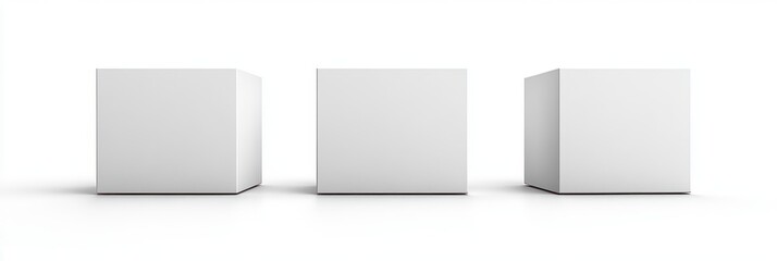 Fototapeta premium Three plain white cubes placed side by side on a white surface with soft shadows creating a minimal and clean composition