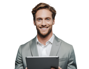Smiling handsome executive manager holding a digital tablet against a white and transparent background, concept for business communication, modern technology and online marketing campaign