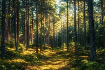 Fototapeta premium Sunlight filters through tall pine trees onto a moss-covered forest floor with a winding natural path, creating a peaceful and serene woodland atmosphere