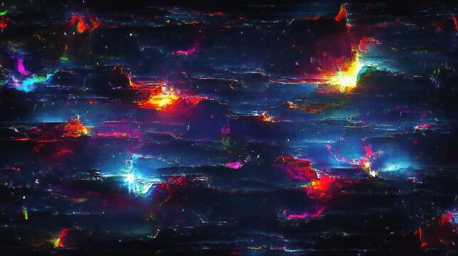 Abstract digital cosmic landscape with scattered bursts of bright neon colors and glowing light streaks on a dark space-like background, evoking mystery and energy