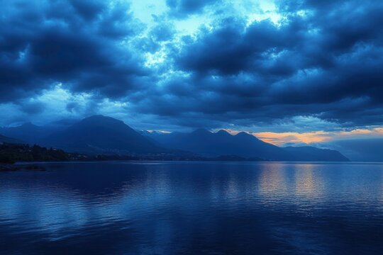 Calm lake reflecting dark blue cloudy sky with distant silhouette of mountains at sunset creating a peaceful evening atmosphere