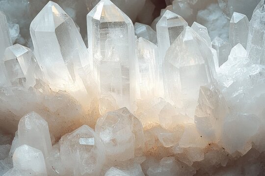 Close-up view of translucent white quartz crystals clustered together with light softly illuminating their sharp, geometric facets, creating a glowing effect