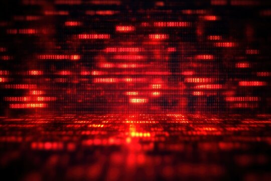 Glowing red and orange binary code cascading on a dark background creating a digital matrix effect