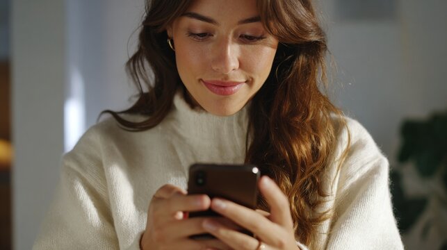A young adult female with long brown hair engrossed in her smartphone, exuding a warm and cozy vibe in a softly lit room.