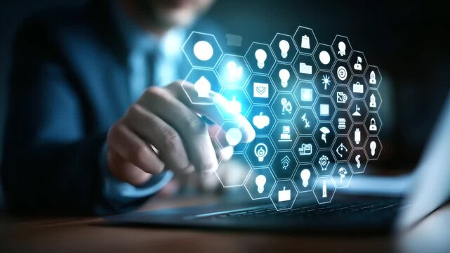 A professional engages with an AI powered e learning interface hyper realistic learning icons with vivid details moody shadows on a screen bright saturation in education visuals