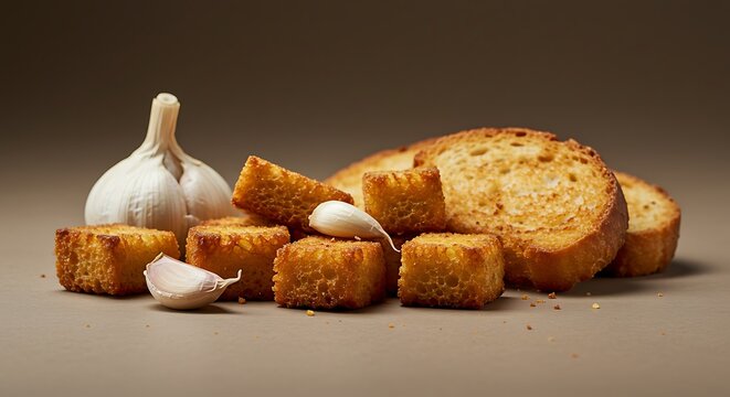 Close-up of golden-brown garlic bread croutons, whole garlic bulb, and cloves on a neutral backdrop - Powered by Adobe