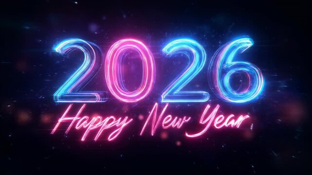 Vibrant neon "2026 Happy New Year" glowing on dark background with bokeh lights